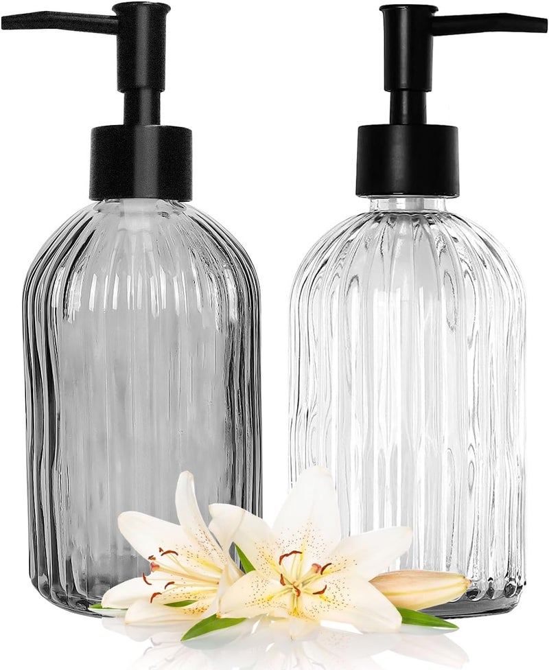 Ulable Black & Clear Glass Soap Dispenser with Plastic Pump, 13.5oz Vertical Stripe Design Hand Soap Dispenser for Dish Wash, Refillable Lotion Dispenser for Bathroom and Kitchen - Image 1